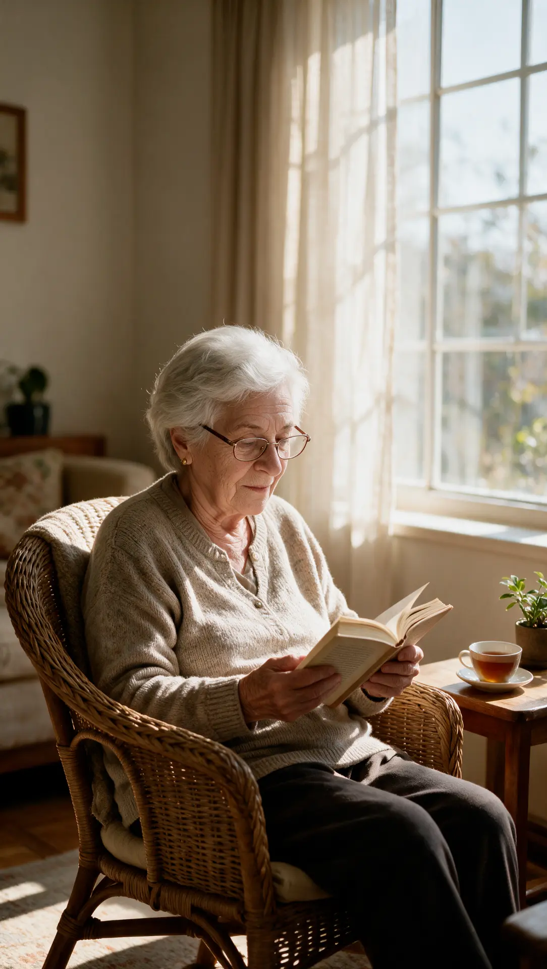 Pilar leyendo su cuaderno de remedios junto a la ventana