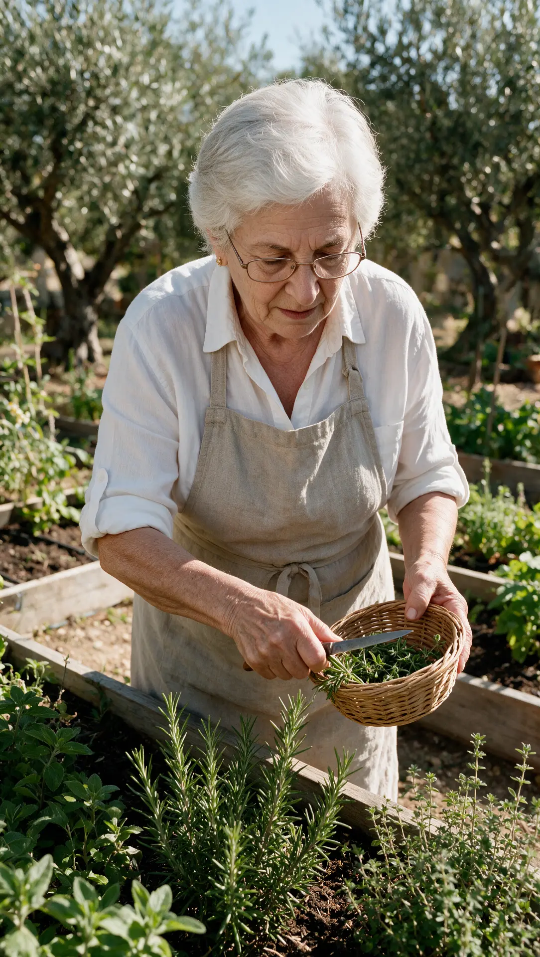 Pilar cortando romero en el huerto